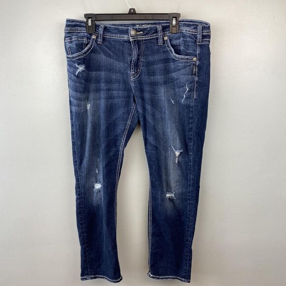 Silver Jeans Boyfriend Jeans Womens 34 Blue Fluid Denim Distressed Embroidered - Picture 1 of 12